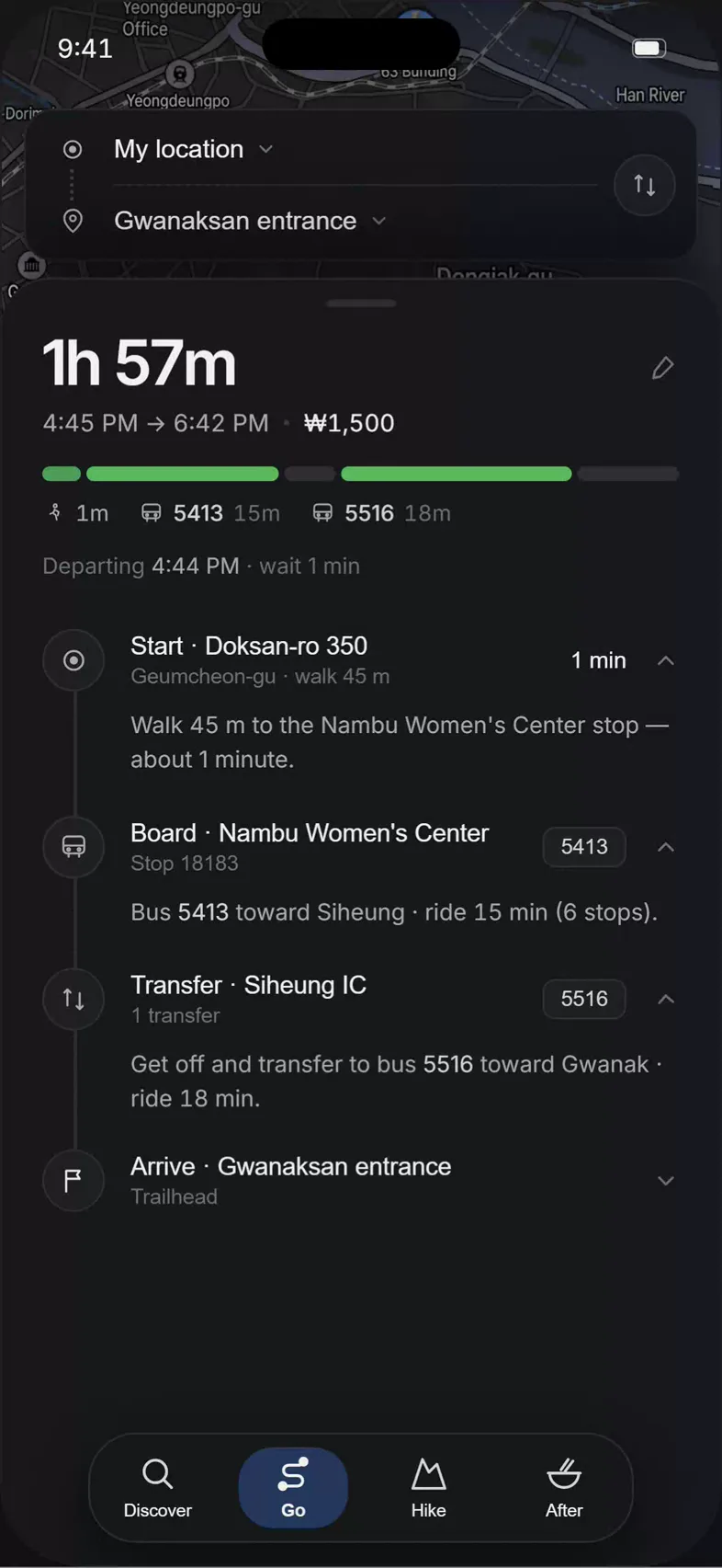 KoreaPeak transit directions from the city to a Korean trailhead