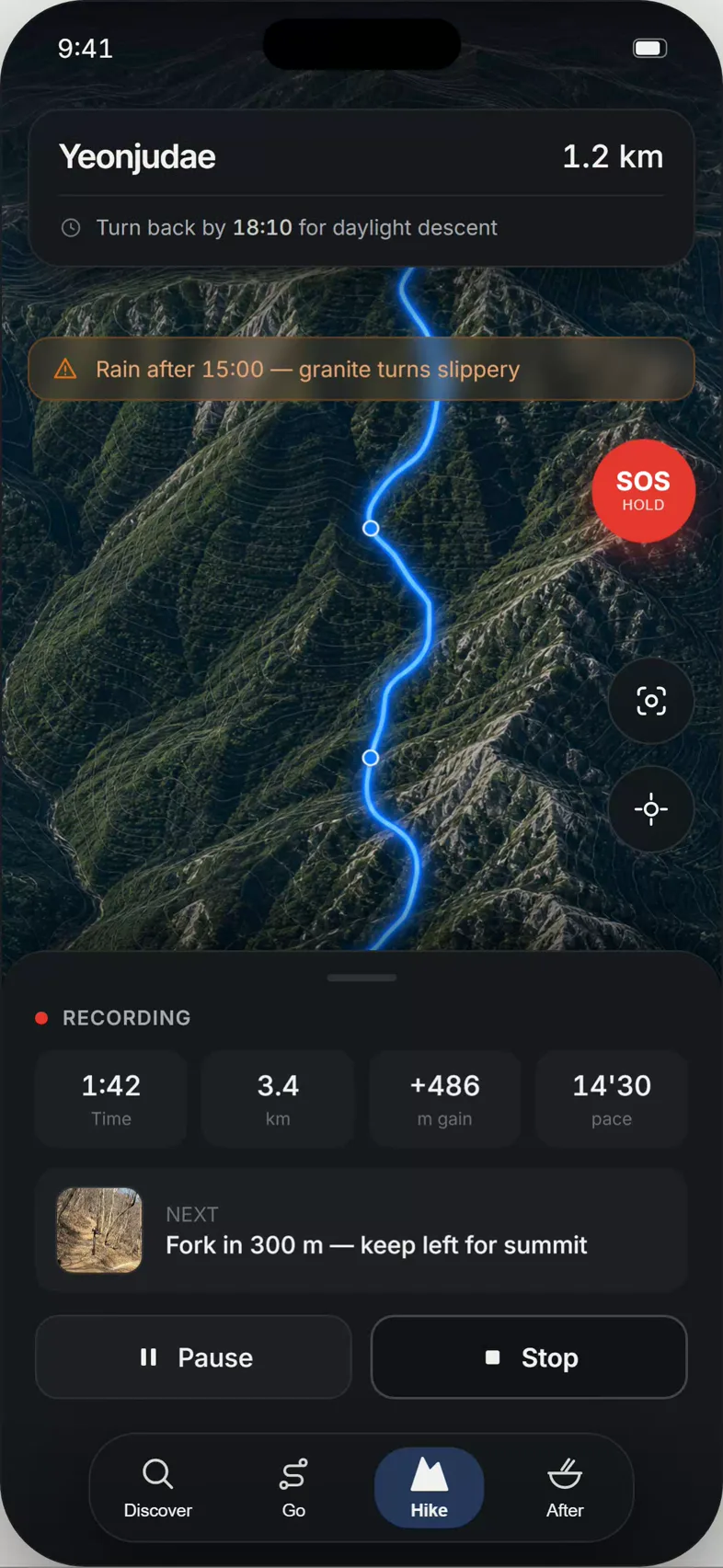 KoreaPeak trail navigation showing a weather safety alert and one-tap live location sharing